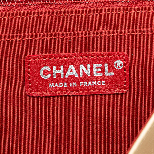 シャネル シェブロン ライオン チェーン ショルダーバッグ ハンドバック レッド ベージュ コットン レザー レディース CHANEL 【中古】