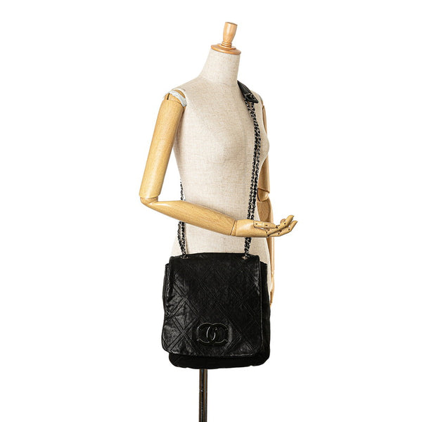 シャネル ダイヤステッチ ココマーク 斜め掛け ダブルチェーン ショルダーバッグ A32453 ブラック カーフ レディース CHANEL 【中古】