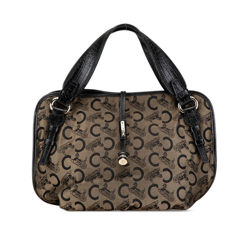セリーヌ Ｃマカダム ビタースイート トートバッグ カーキ ブラック キャンバス レザー レディース CELINE 【中古】