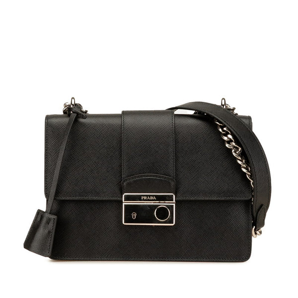 プラダ サフィアーノ チェーン ショルダーバッグ ブラック レザー レディース PRADA 【中古】