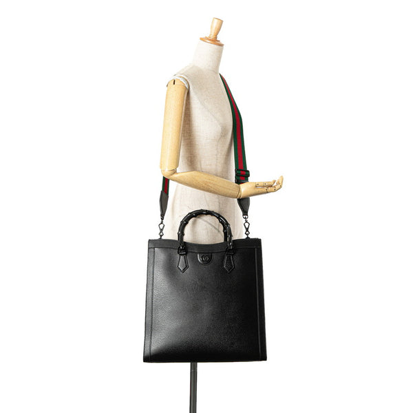 グッチ バンブー ダイアナ ラージ シェリーライン トートバッグ ショルダーバッグ 2WAY 703218 ブラック レザー レディース GUCCI 【中古】