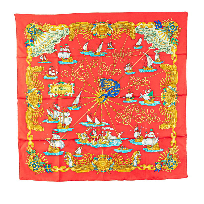 エルメス カレ90 VOILES DE LUMIERE 光の帆船 スカーフ レッド ゴールド マルチカラー シルク レディース HERMES 【中古】