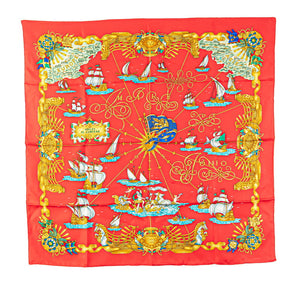 エルメス カレ90 VOILES DE LUMIERE 光の帆船 スカーフ レッド ゴールド マルチカラー シルク レディース HERMES 【中古】