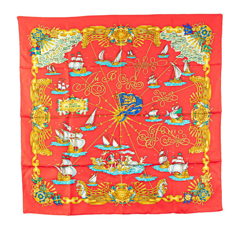 エルメス カレ90 VOILES DE LUMIERE 光の帆船 スカーフ レッド ゴールド マルチカラー シルク レディース HERMES 【中古】