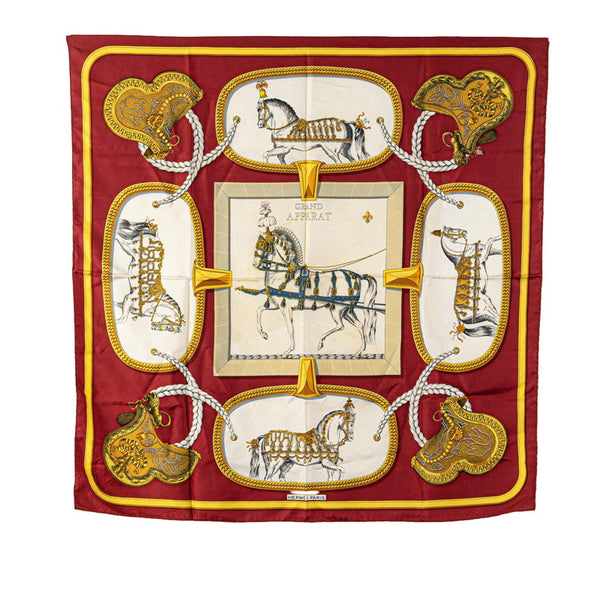 エルメス カレ90 GRAND APPARAT 盛装の馬 スカーフ ワインレッド マルチカラー シルク レディース HERMES 【中古】