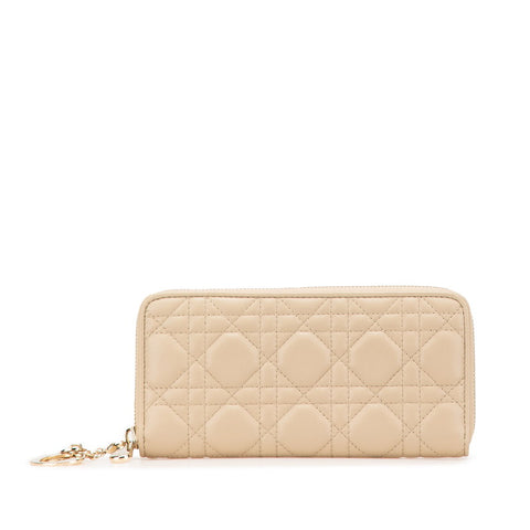 ディオール カナージュ ラウンドファスナー 長財布 グレージュ ベージュ ラムスキン レディース Dior 【中古】