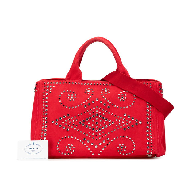 プラダ カナパ スタッズ ビジュー ハンドバッグ ショルダーバッグ 2WAY レッド キャンバス レディース PRADA 【中古】