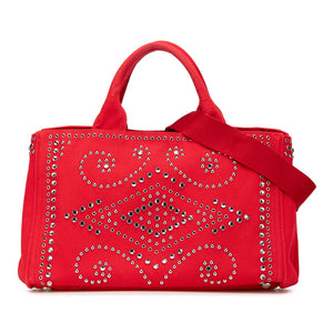 プラダ カナパ スタッズ ビジュー ハンドバッグ ショルダーバッグ 2WAY レッド キャンバス レディース PRADA 【中古】