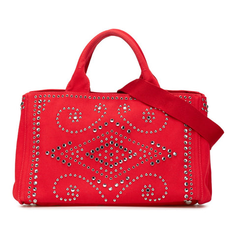 プラダ カナパ スタッズ ビジュー ハンドバッグ ショルダーバッグ 2WAY レッド キャンバス レディース PRADA 【中古】