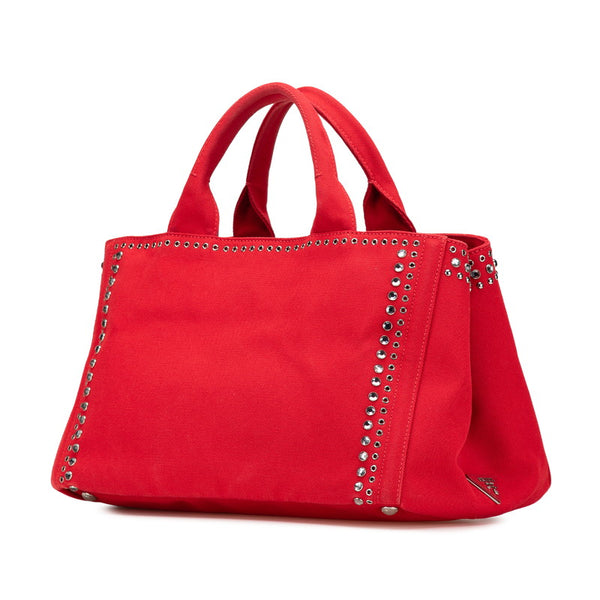 プラダ カナパ スタッズ ビジュー ハンドバッグ ショルダーバッグ 2WAY レッド キャンバス レディース PRADA 【中古】