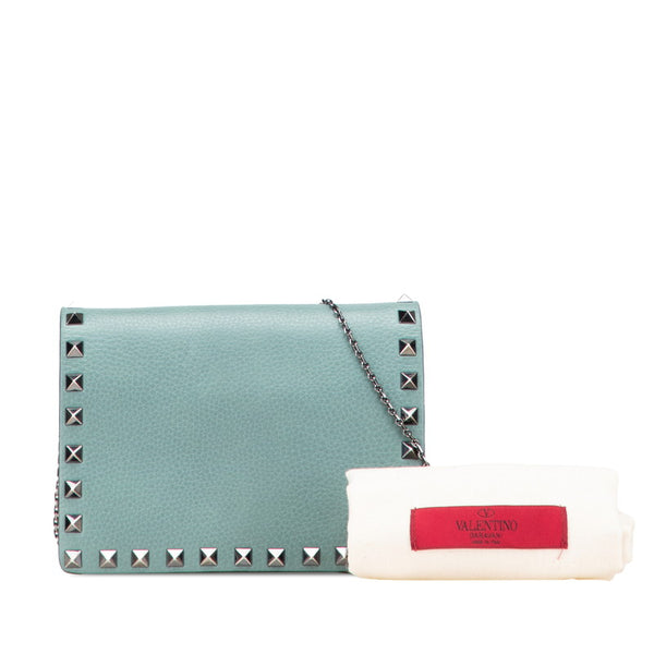 ヴァレンティノ ロックスタッズ チェーン ショルダーバッグ グリーン レザー レディース VALENTINO 【中古】