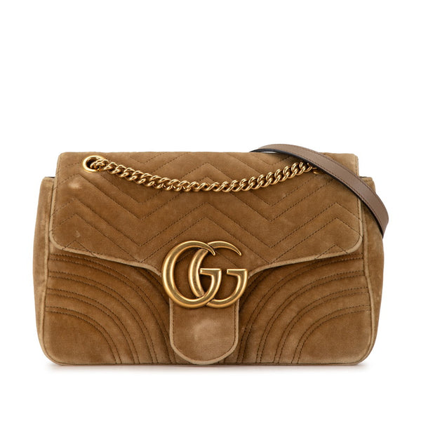 グッチ GGマーモント キルティング チェーン ショルダーバッグ  443496 ベージュ ブラウン ベロア レザー レディース GUCCI 【中古】