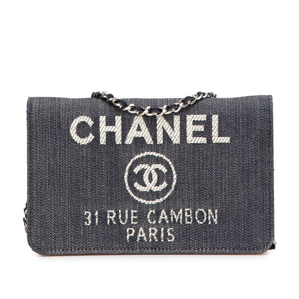 シャネル ドーヴィル チェーンウォレット A80795 ネイビー ホワイト デニム レザー レディース CHANEL 【中古】