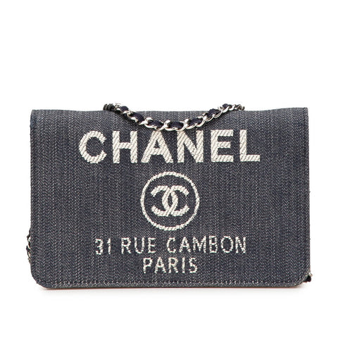 シャネル ドーヴィル チェーンウォレット A80795 ネイビー ホワイト デニム レザー レディース CHANEL 【中古】