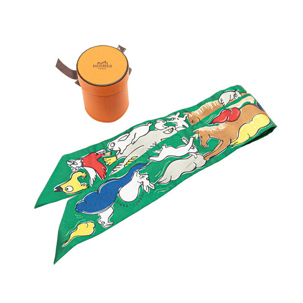エルメス ツイリー Mille et Un Lapins 千と一のウサギ スカーフ グリーン マルチカラー シルク レディース HERMES 【中古】
