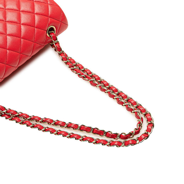 シャネル ココマーク マトラッセ25 ダブルフラップ チェーンショルダーバッグ レッド キャビアスキン レディース CHANEL 【中古】