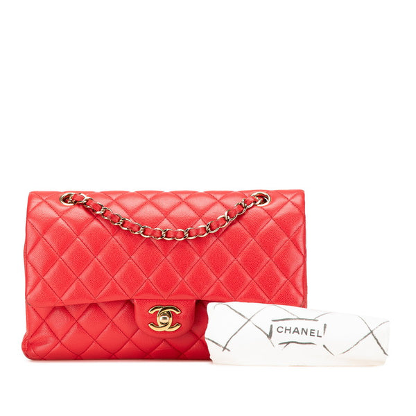 シャネル ココマーク マトラッセ25 ダブルフラップ チェーンショルダーバッグ レッド キャビアスキン レディース CHANEL 【中古】