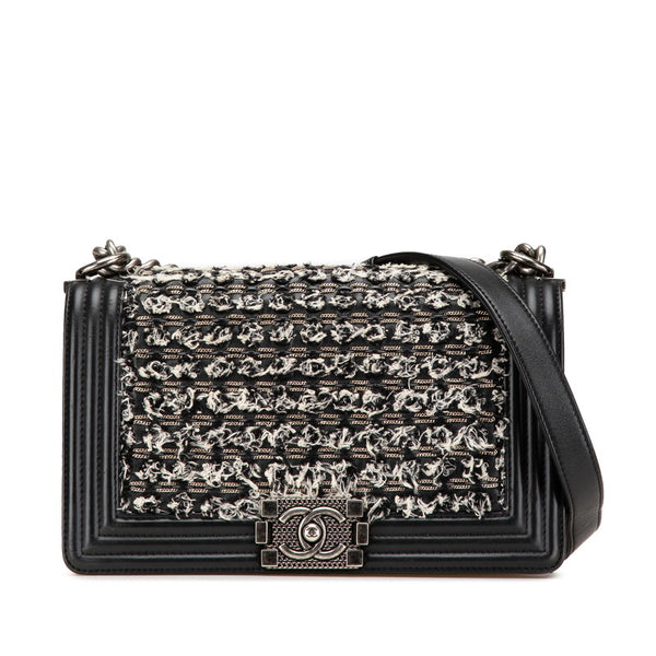 シャネル ボーイシャネル25  斜め掛け チェーン ショルダーバッグ ブラック ホワイト レザー ツイード レディース CHANEL 【中古】