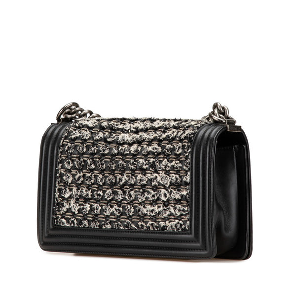 シャネル ボーイシャネル25  斜め掛け チェーン ショルダーバッグ ブラック ホワイト レザー ツイード レディース CHANEL 【中古】