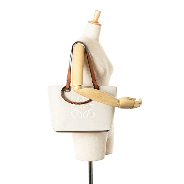 ロエベ アナグラム ハンドバッグ トートバッグ ベージュ ブラウン キャンバス レザー レディース LOEWE 【中古】