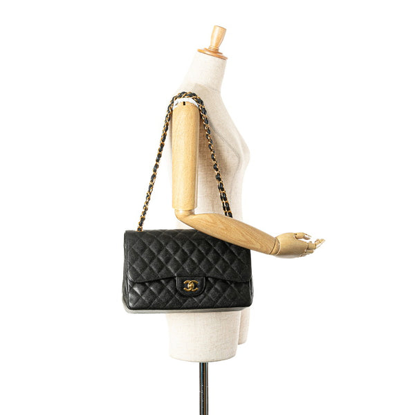シャネル マトラッセ ココマーク ダブルフラップ チェーン ショルダーバッグ ブラック キャビアスキン レディース CHANEL 【中古】