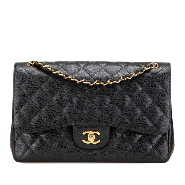 シャネル マトラッセ ココマーク ダブルフラップ チェーン ショルダーバッグ ブラック キャビアスキン レディース CHANEL 【中古】