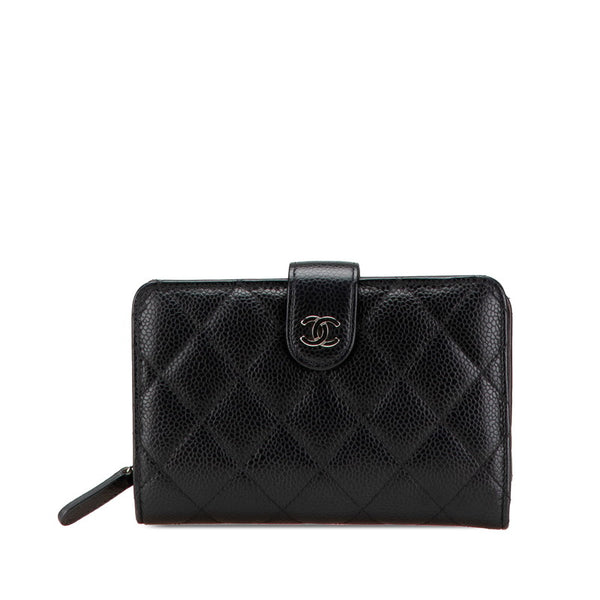 シャネル マトラッセ ココマーク シルバー金具 二つ折り財布 ブラック キャビアスキン レディース CHANEL 【中古】
