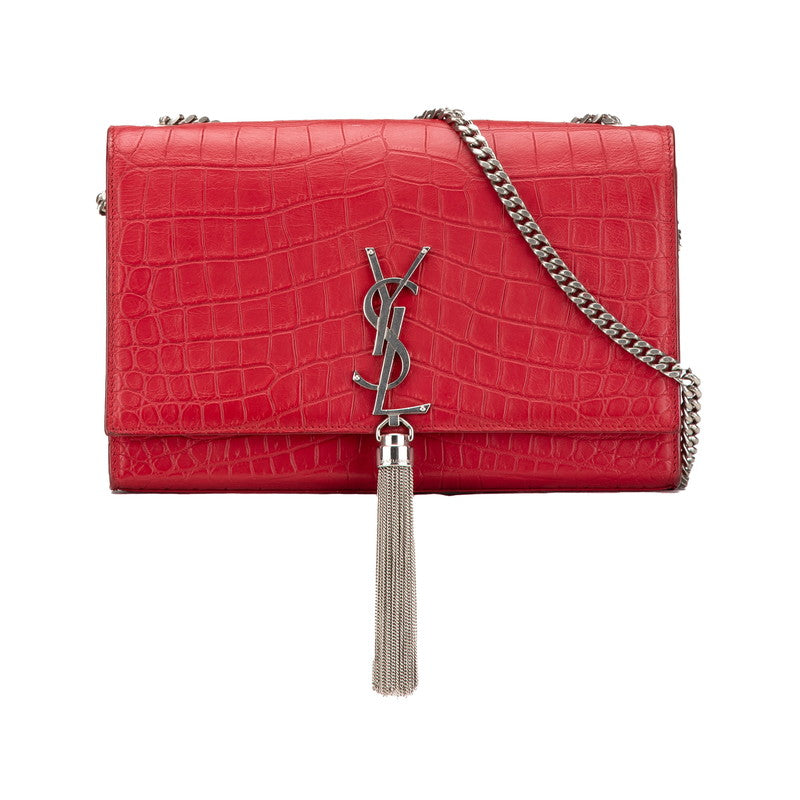 サンローラン クラシック ケイト 型押し タッセル チェーン ショルダーバッグ 354119 レッド レザー レディース SAINT LAURENT 【中古】