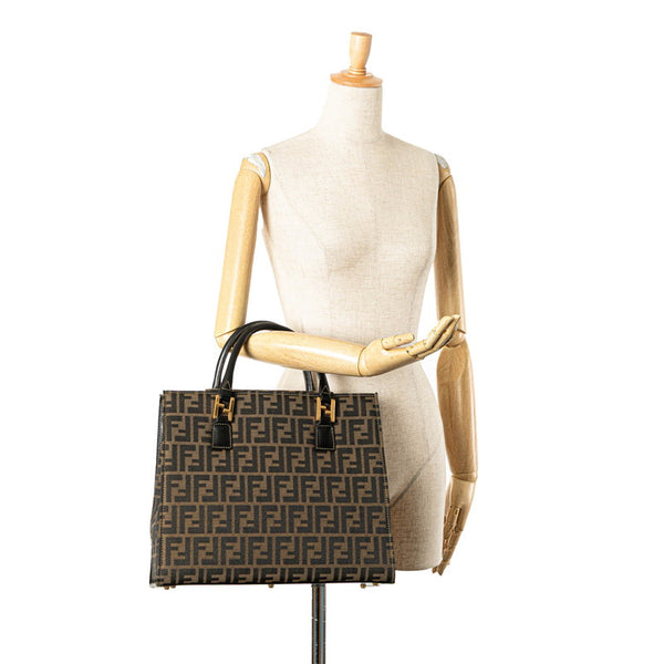 フェンディ ズッカ トートバッグ ハンドバッグ 15095 ベージュ ブラック キャンバス レザー レディース FENDI 【中古】