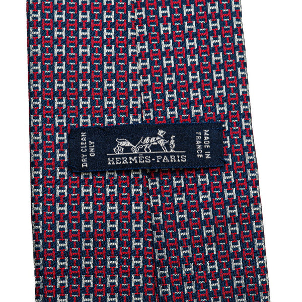エルメス H 総ロゴ ネクタイ レッド ネイビー シルク メンズ HERMES 【中古】