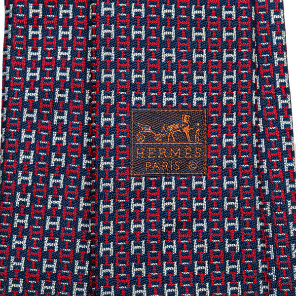エルメス H 総ロゴ ネクタイ レッド ネイビー シルク メンズ HERMES 【中古】