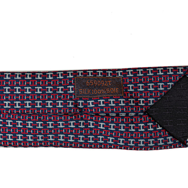 エルメス H 総ロゴ ネクタイ レッド ネイビー シルク メンズ HERMES 【中古】