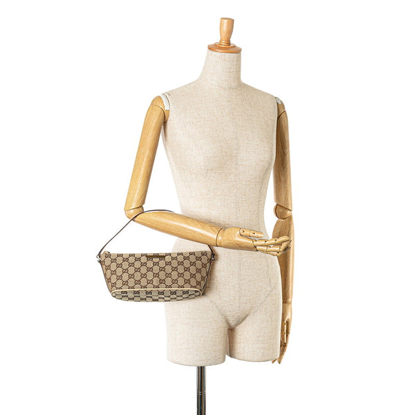 グッチ GGキャンバス アクセサリーポーチ ハンドバッグ 07198 ベージュ ブラウン キャンバス レザー レディース GUCCI 【中古】