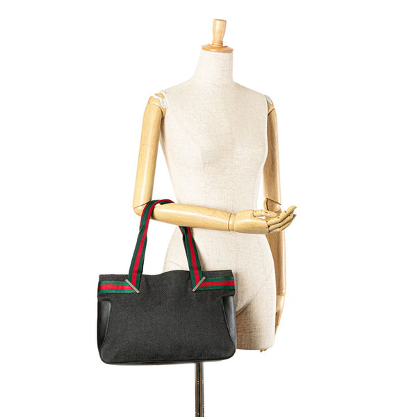 グッチ シェリーライン ハンドバッグ トートバッグ 73983 ブラック キャンバス レザー レディース GUCCI 【中古】