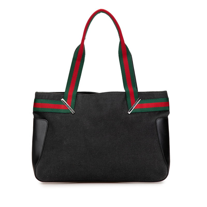 グッチ シェリーライン ハンドバッグ トートバッグ 73983 ブラック キャンバス レザー レディース GUCCI 【中古】
