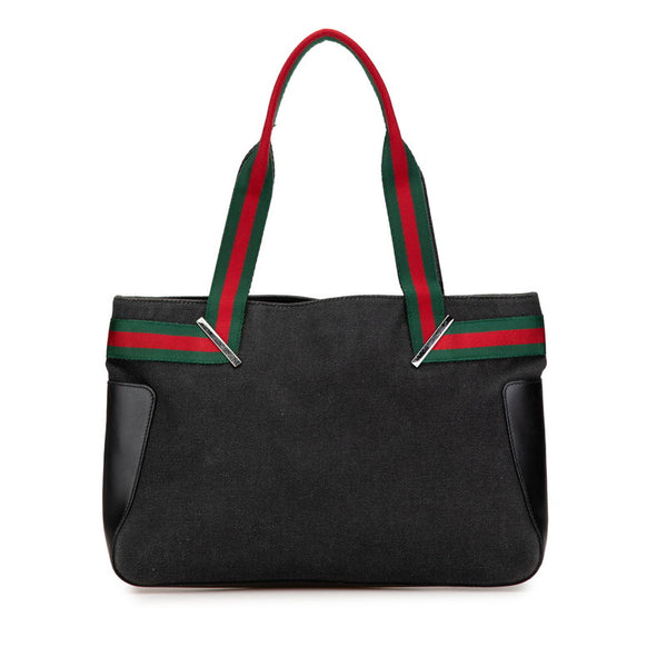 グッチ シェリーライン ハンドバッグ トートバッグ 73983 ブラック キャンバス レザー レディース GUCCI 【中古】