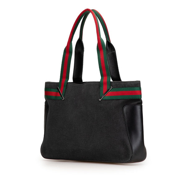グッチ シェリーライン ハンドバッグ トートバッグ 73983 ブラック キャンバス レザー レディース GUCCI 【中古】