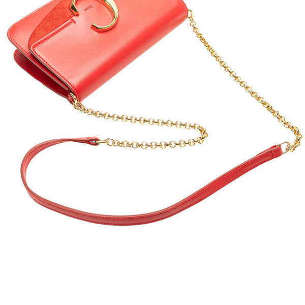 クロエ クロエ C 斜め掛け チェーン ショルダーバッグ レッド レザー スウェード レディース Chloe 【中古】