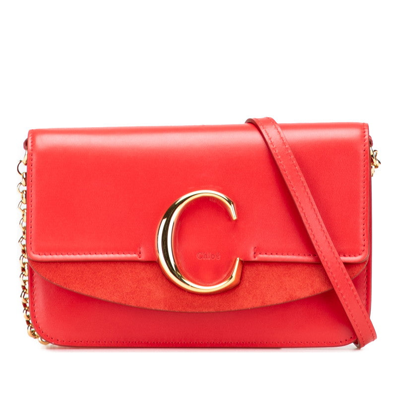 クロエ クロエ C 斜め掛け チェーン ショルダーバッグ レッド レザー スウェード レディース Chloe 【中古】