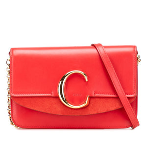 クロエ クロエ C 斜め掛け チェーン ショルダーバッグ レッド レザー スウェード レディース Chloe 【中古】