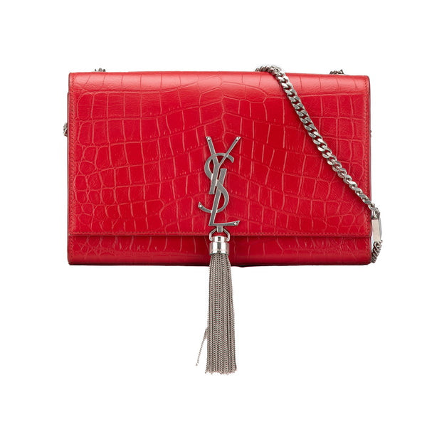 サンローラン クラシック ケイト 型押し タッセル チェーン ショルダーバッグ レッド レザー レディース SAINT LAURENT 【中古】