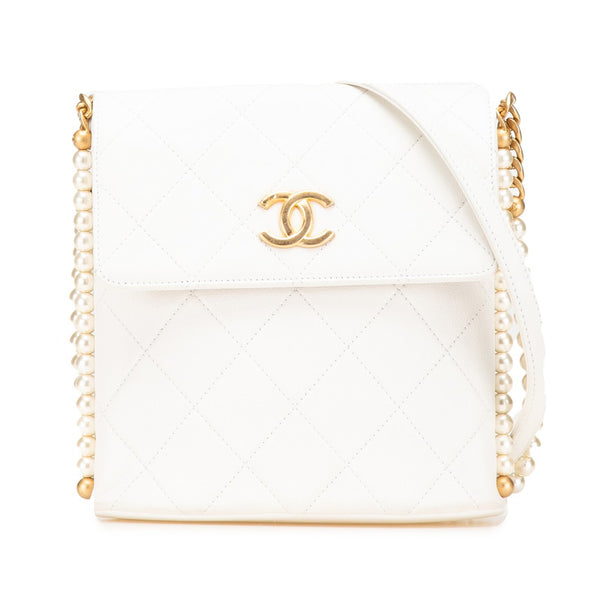 シャネル マトラッセ ココマーク チェーン ショルダーバッグ ホワイト レザー フェイクパール レディース CHANEL 【中古】