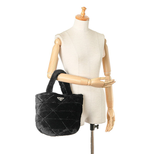 プラダ 三角ロゴプレート キルティング ムートン ハンドバッグ １BG378 ブラック シープファー レディース PRADA 【中古】