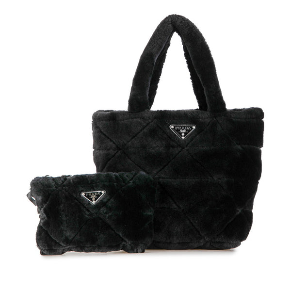 プラダ 三角ロゴプレート キルティング ムートン ハンドバッグ １BG378 ブラック シープファー レディース PRADA 【中古】