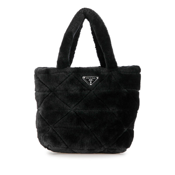 プラダ 三角ロゴプレート キルティング ムートン ハンドバッグ １BG378 ブラック シープファー レディース PRADA 【中古】