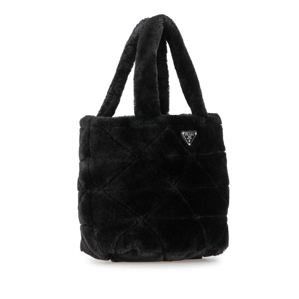 プラダ 三角ロゴプレート キルティング ムートン ハンドバッグ １BG378 ブラック シープファー レディース PRADA 【中古】