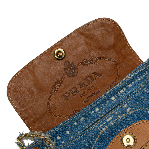 プラダ チェーン ショルダーバッグ BR4658 ブルー ツイード レザー レディース PRADA 【中古】