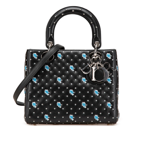 ディオール エンブロイダリー フラワー ハンドバッグ ショルダーバッグ 2WAY ブラック ブルー レザー レディース Dior 【中古】