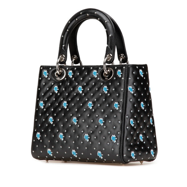 ディオール エンブロイダリー フラワー ハンドバッグ ショルダーバッグ 2WAY ブラック ブルー レザー レディース Dior 【中古】
