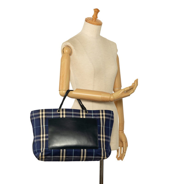 バーバリー ノバチェック トートバッグ ブルー マルチカラー キャンバス レザー レディース BURBERRY 【中古】